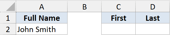 Excel spreadsheet showing Full Name in cell A2 and empty First and Last columns for TEXTSPLIT function example
