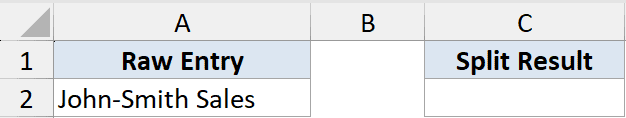 Excel table showing Raw Entry John-Smith Sales in cell A2 with headers for Raw Entry and Split Result