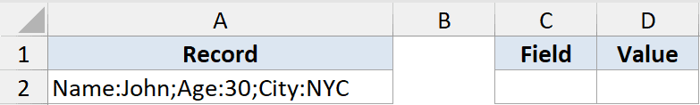 Excel sheet showing Record in cell A2 with semicolon-separated data and empty Field and Value headers in C1 and D1