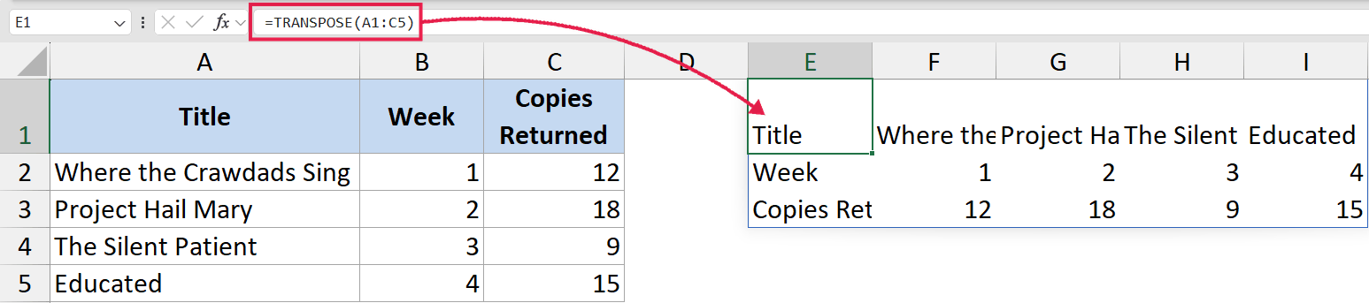 Excel formula bar showing =TRANSPOSE(A1:C5) applied to convert a vertical data table into a horizontal array