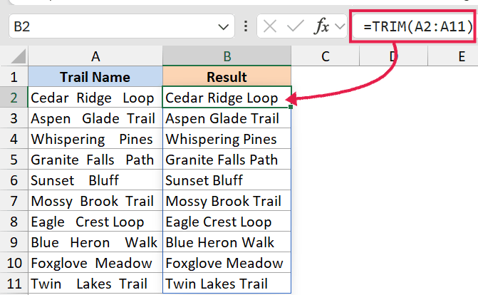 Excel formula =TRIM(A2:A11) applied to a list of trail names to remove double spaces and clean up text formatting