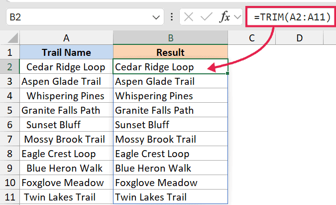 Excel formula =TRIM(A2:A11) applied to a list of trail names to remove extra spaces in column B