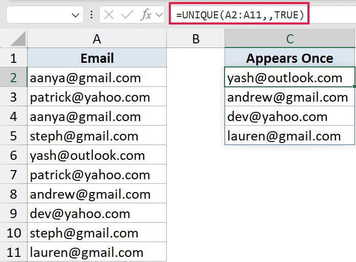 Excel formula =UNIQUE(A2:A11,,TRUE) extracting email addresses that appear exactly once into column C