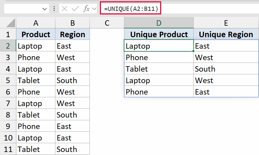 Excel formula bar showing =UNIQUE(A2:B11) applied to a data range to extract distinct product and region values