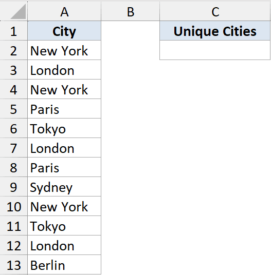 Unique Function Dataset Example 1 showing a list of cities in column A and an empty Unique Cities header in column C