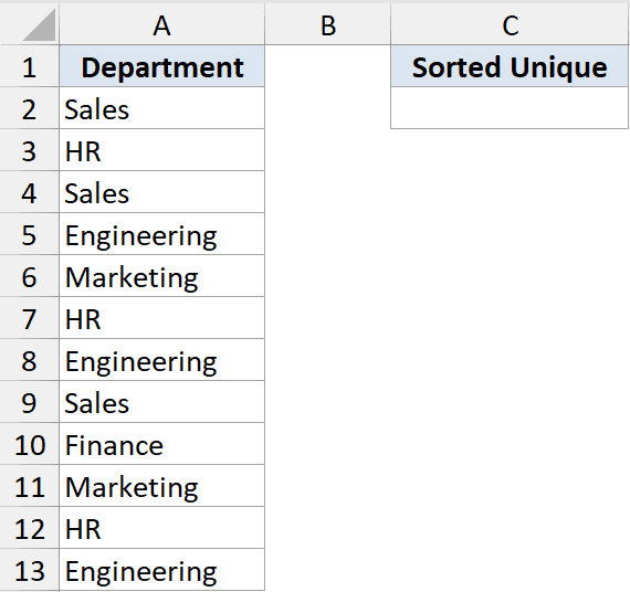 Unique Function Dataset Example 2: Excel table showing a list of departments in column A and a header in column C