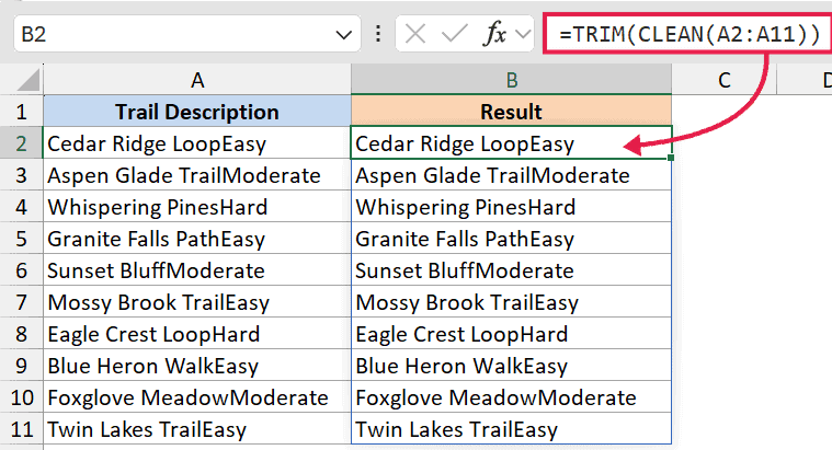 Excel formula bar showing =TRIM(CLEAN(A2:A11)) applied to a column of trail descriptions to clean text formatting