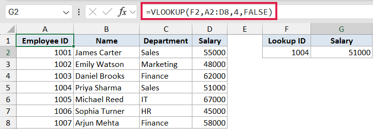 Excel formula bar showing a VLOOKUP function for an exact match, referencing an employee ID table to return a salary