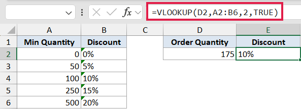 Excel formula bar displaying VLOOKUP with TRUE for approximate match, referencing a quantity-based discount table