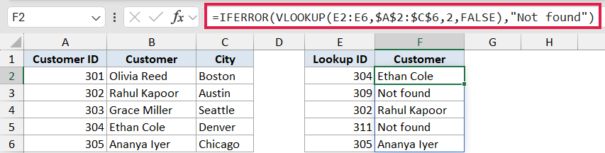 Excel formula bar showing IFERROR VLOOKUP function returning Not found for missing values in a customer lookup table
