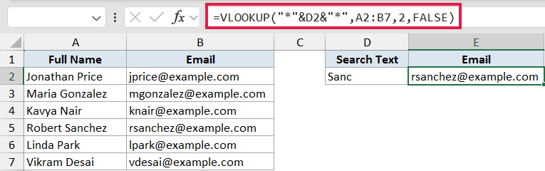 VLOOKUP formula using wildcards to find a partial match for email address in Excel table