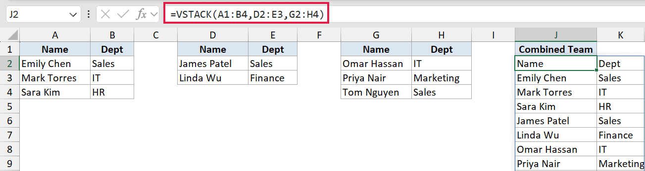 Excel formula bar showing VSTACK function combining three separate data ranges into a single vertical list