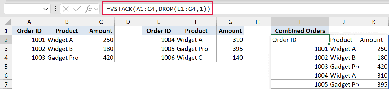 Excel formula bar showing VSTACK and DROP functions to combine two data tables while excluding the second header row