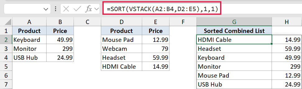 Excel formula bar showing VSTACK nested inside a SORT function to combine and alphabetize two product price lists