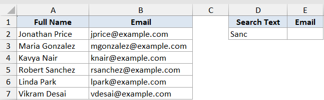 Vlookup Function Dataset Example 5 showing a name and email table with a search field for partial match lookup