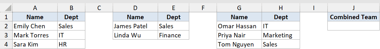 Vstack Function Dataset Example 2 showing three separate employee tables ready to be combined into one list