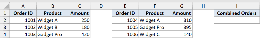 Vstack Function Dataset Example 3 showing two separate Excel tables with order data ready to be combined into one list