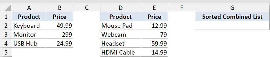 Vstack Function Dataset Example 4 showing two separate product price tables ready to be combined and sorted in Excel