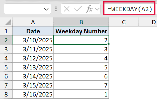 Excel formula bar showing =WEEKDAY(A2) with the result 2 displayed in cell B2 for the date 3/10/2025