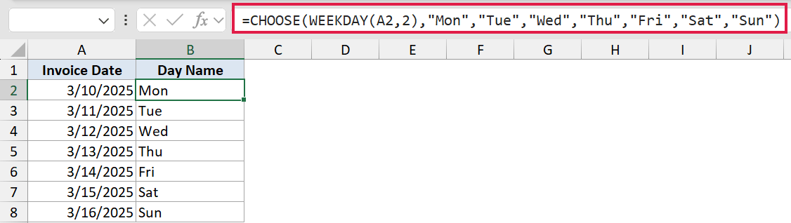Excel formula bar showing CHOOSE and WEEKDAY functions to convert invoice dates into day names like Mon and Tue