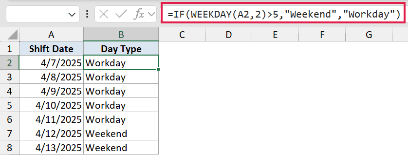 Excel formula =IF(WEEKDAY(A2,2)>5,'Weekend','Workday') identifying weekend and workday dates in a table
