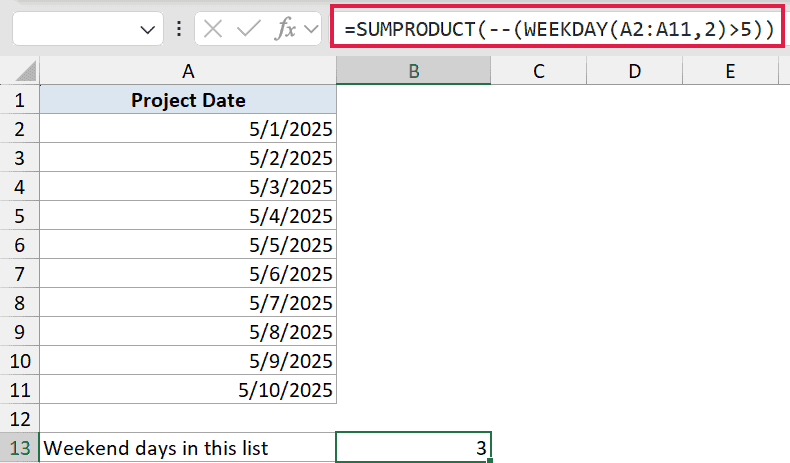 Excel formula bar showing SUMPRODUCT WEEKDAY function to count weekend days in a list of dates