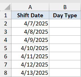 Weekday Function Dataset Example 4 showing a table with Shift Date in column A and empty Day Type cells in column B