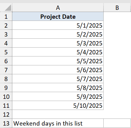 Weekday Function Dataset Example 5 showing a list of dates from May 1 to May 10, 2025, under a Project Date header