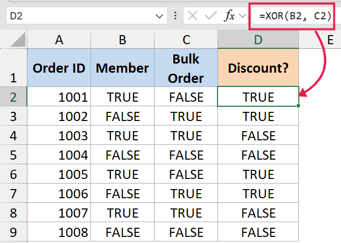 Excel formula =XOR(B2, C2) applied to a table column to determine member discounts based on Member and Bulk Order status