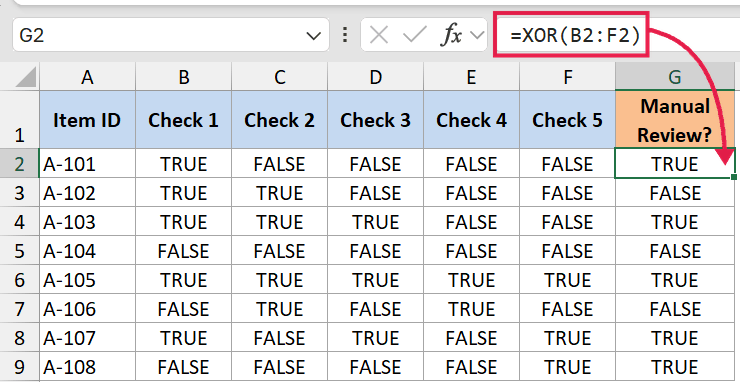 Excel formula =XOR(B2:F2) in formula bar pointing to cell G2, showing TRUE for rows with an odd number of TRUE values