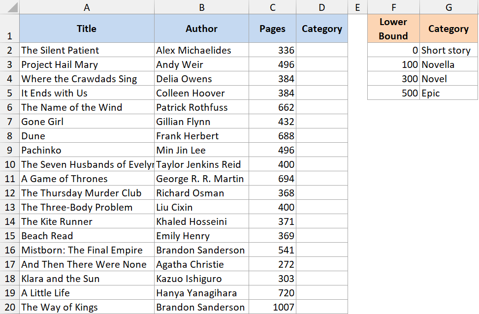 Excel dataset with book titles and page counts alongside a reference table for XLOOKUP range matching