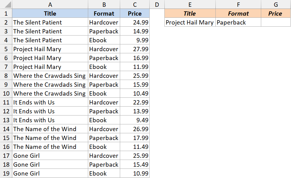 Excel table showing a multi-criteria XLOOKUP setup to find the price of a specific book title and format