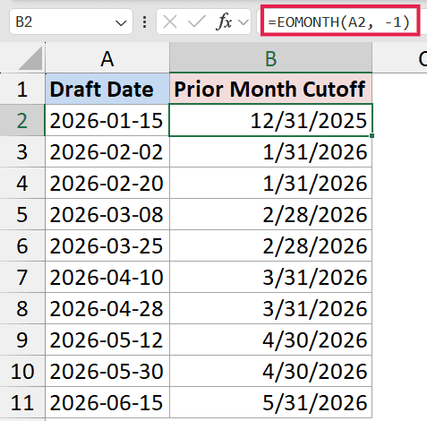 Excel formula bar displaying =EOMONTH(A2, -1) with cell B2 selected, showing the calculated prior month cutoff date