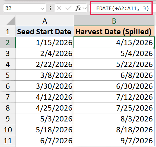 Excel formula bar showing EDATE function applied to a range, resulting in a spilled list of dates in column B