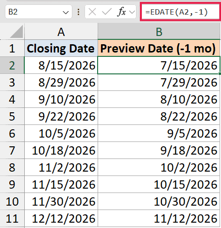 Excel formula bar showing =EDATE(A2, -1) applied to a column of dates to calculate the date one month prior