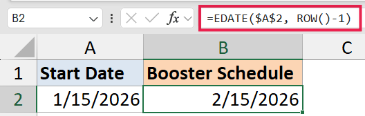 Excel formula bar showing =EDATE($A$2, ROW()-1) to calculate a booster schedule date based on a start date in A2