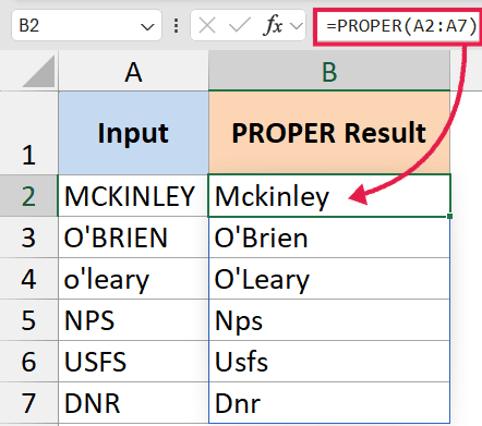 Excel formula bar showing =PROPER(A2:A7) applied to a list of names in column A, resulting in proper case in column B