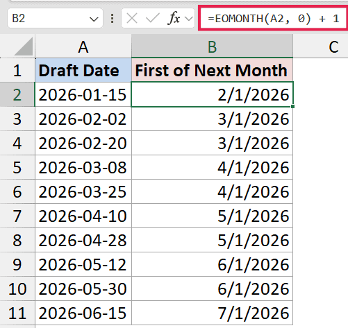 Excel formula =EOMONTH(A2, 0) + 1 in cell B2 calculating the first day of the next month based on dates in column A