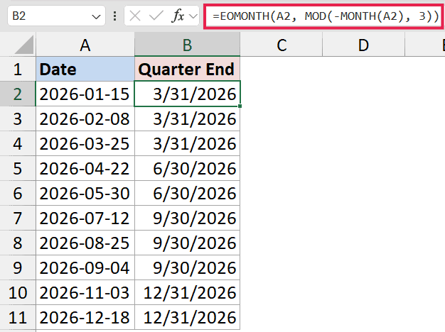 Excel formula =EOMONTH(A2, MOD(-MONTH(A2), 3)) in cell B2 calculating the quarter end date for dates in column A