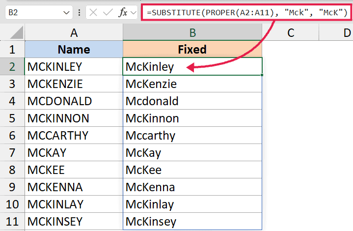 Excel formula using SUBSTITUTE and PROPER to correct capitalization for names starting with McK in column B