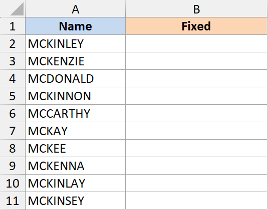 Excel spreadsheet showing a list of names in column A and an empty Fixed header in column B