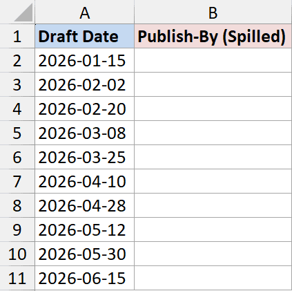Excel spreadsheet with column A labeled Draft Date containing dates and column B labeled Publish-By (Spilled)