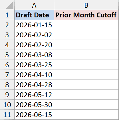 Excel spreadsheet with Draft Date in column A and empty Prior Month Cutoff header in column B