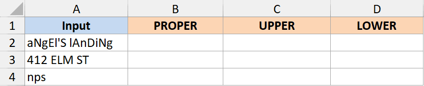 Excel table with column headers Input, PROPER, UPPER, and LOWER, and text samples in column A for case formatting