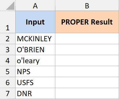 Excel table with Input column containing names like MCKINLEY and o'leary, and an empty PROPER Result column