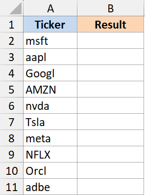 Spreadsheet column A listing stock tickers in mixed case to be converted to uppercase in column B