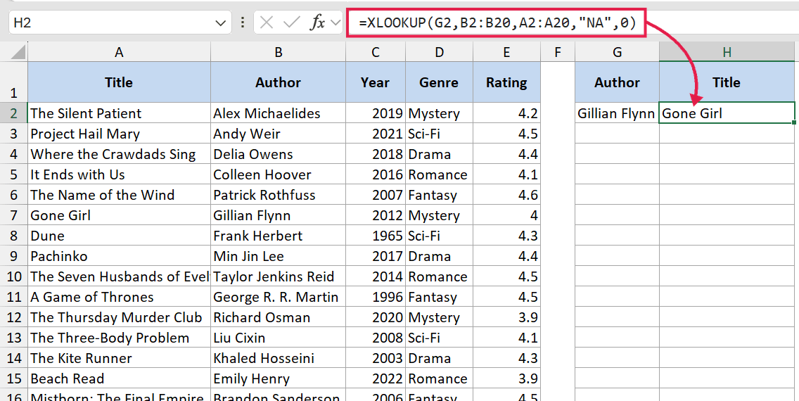 Excel formula bar showing XLOOKUP searching for an author in column B to return a book title from column A