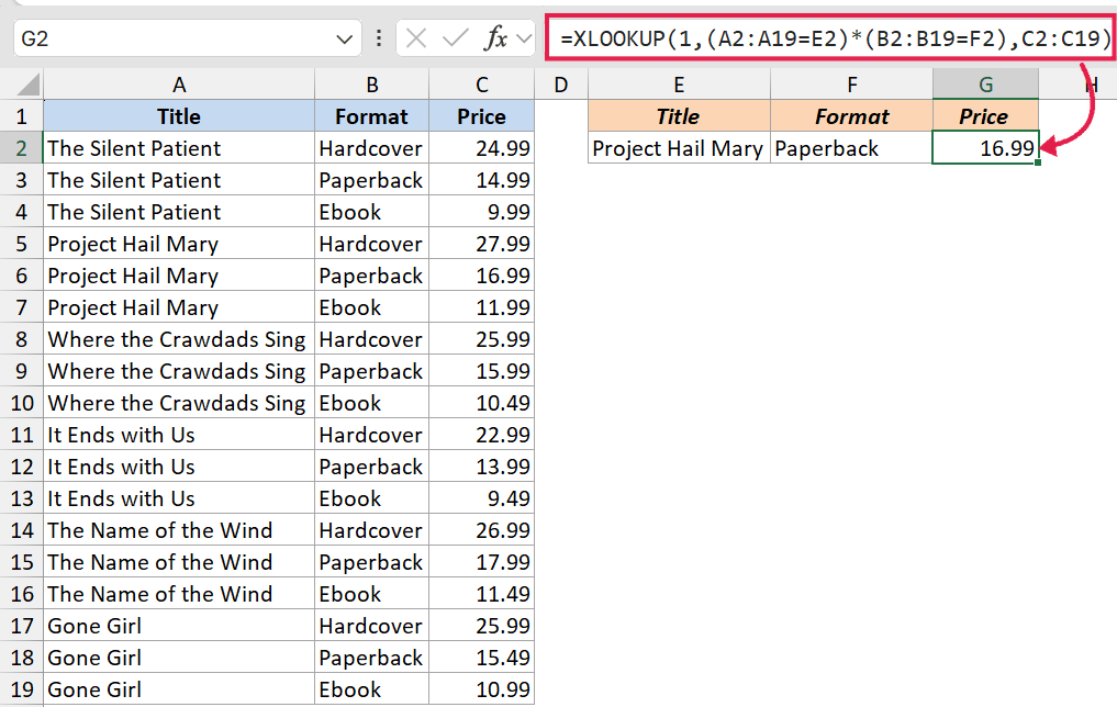Excel formula bar showing XLOOKUP with multiple criteria to retrieve a price from a table based on title and format
