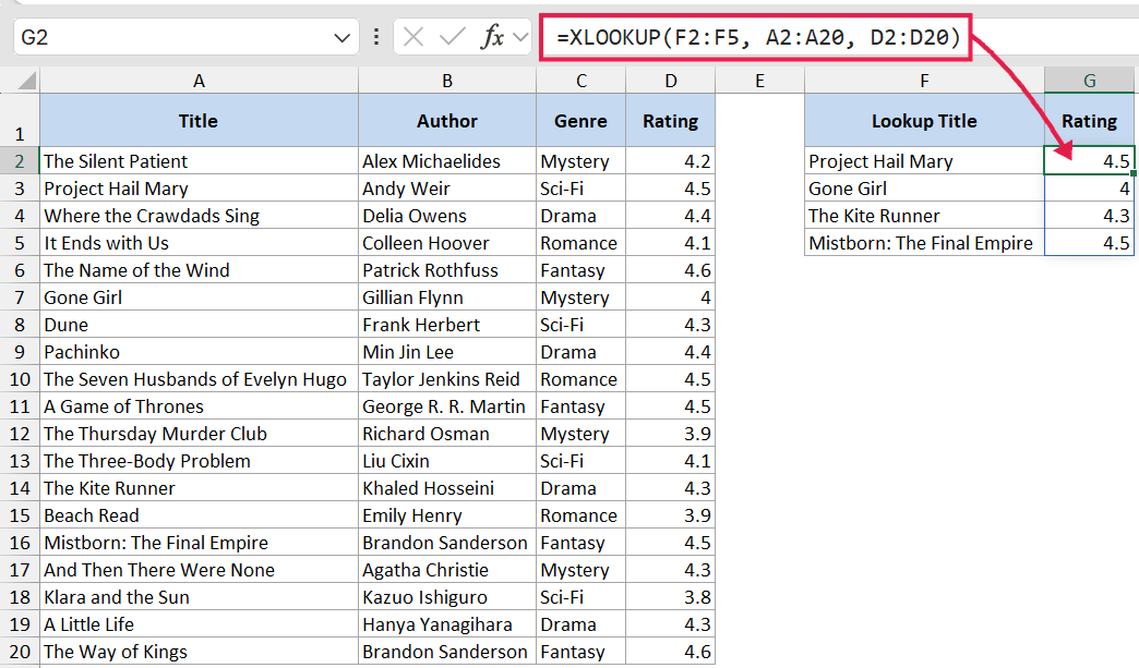 Excel XLOOKUP formula returning multiple values for a list of book titles and ratings in a table