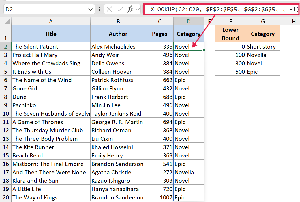XLOOKUP formula bar showing approximate match with -1 mode to categorize book page counts based on a lower bound table